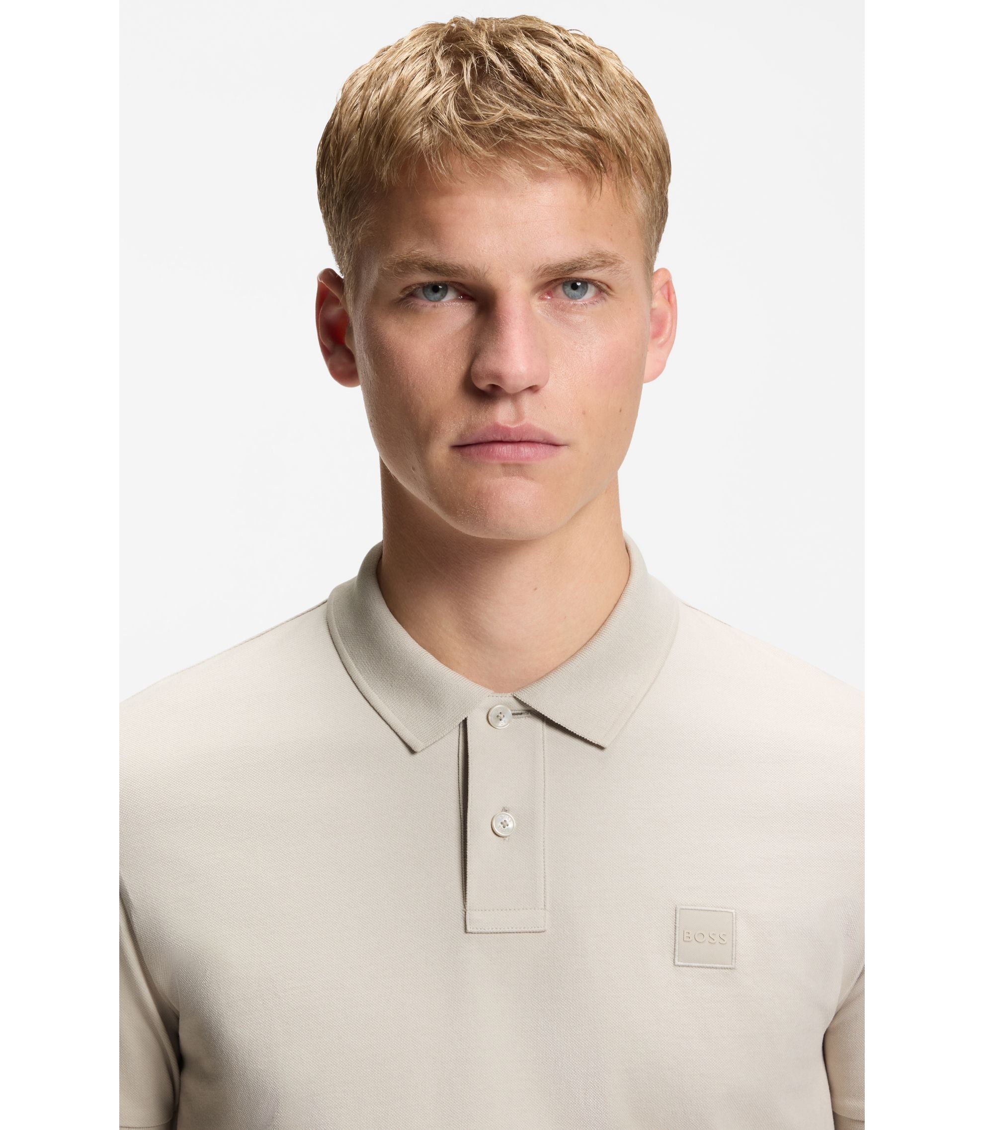 Boss Stretch Cotton Slim Fit Polo Shirt With Logo Patch Light Grey