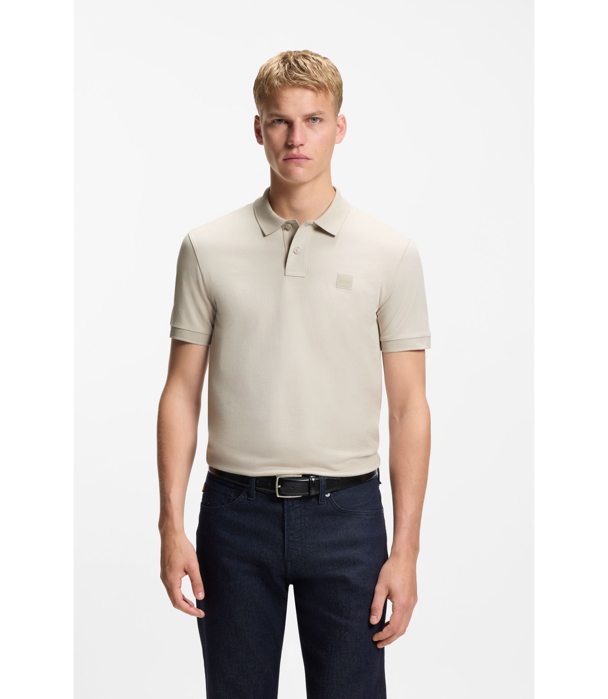 Boss Stretch Cotton Slim Fit Polo Shirt With Logo Patch Light Grey