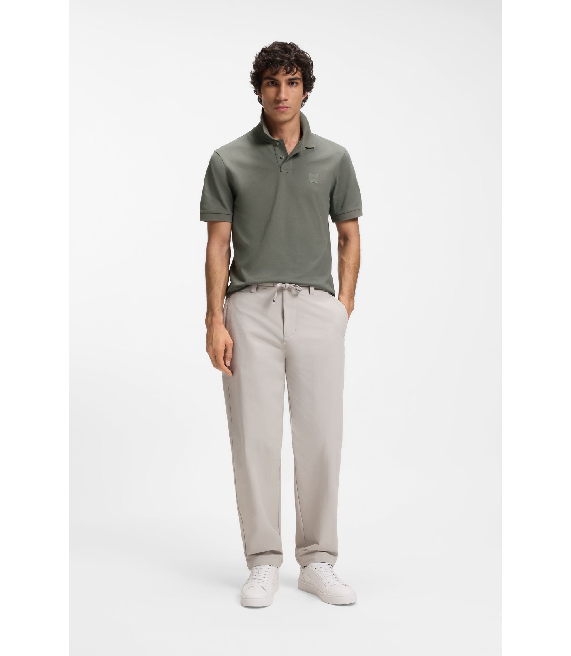 Boss Stretch Cotton Slim Fit Polo Shirt With Logo Patch Beige