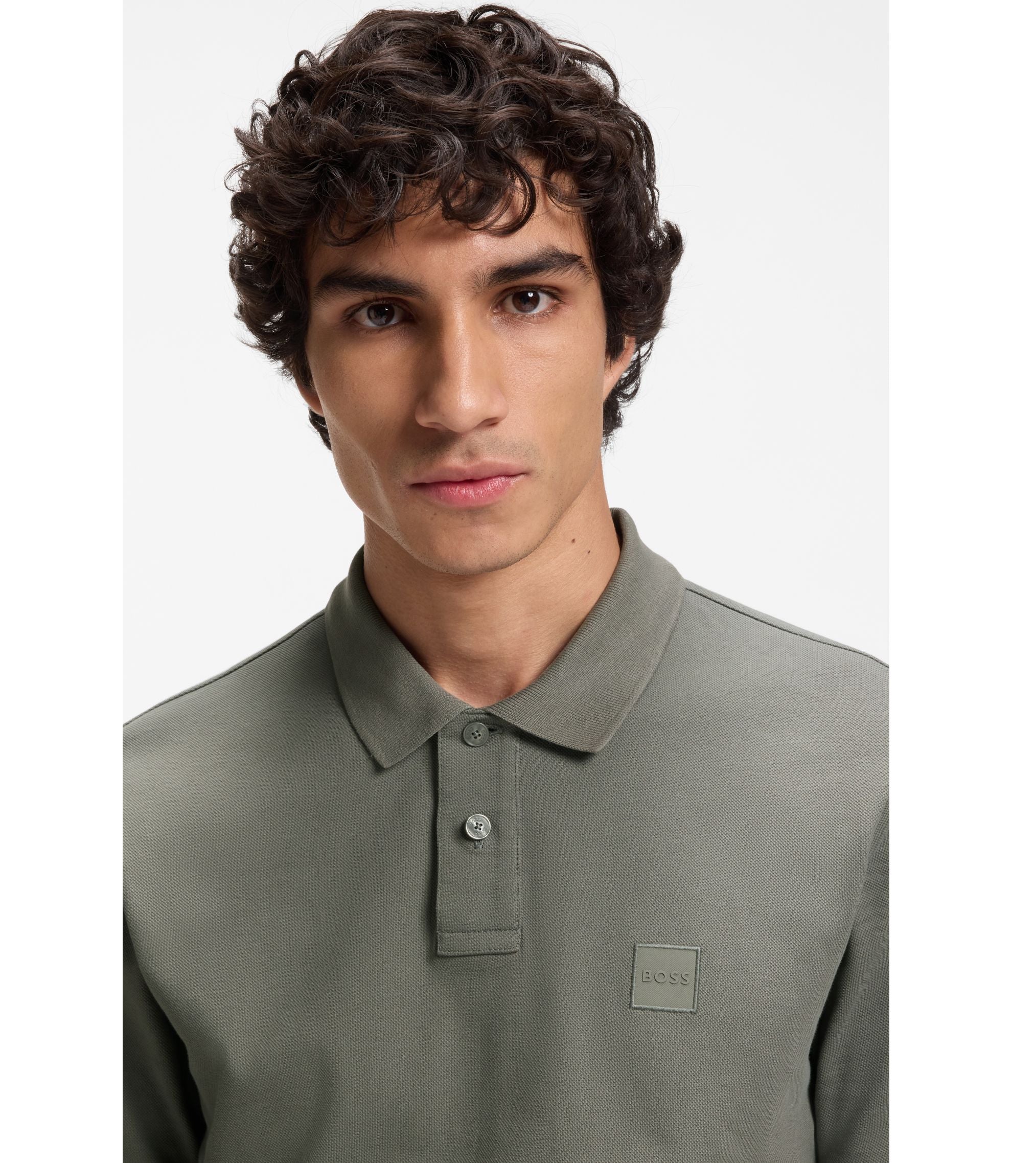 Boss Stretch Cotton Slim Fit Polo Shirt With Logo Patch Beige