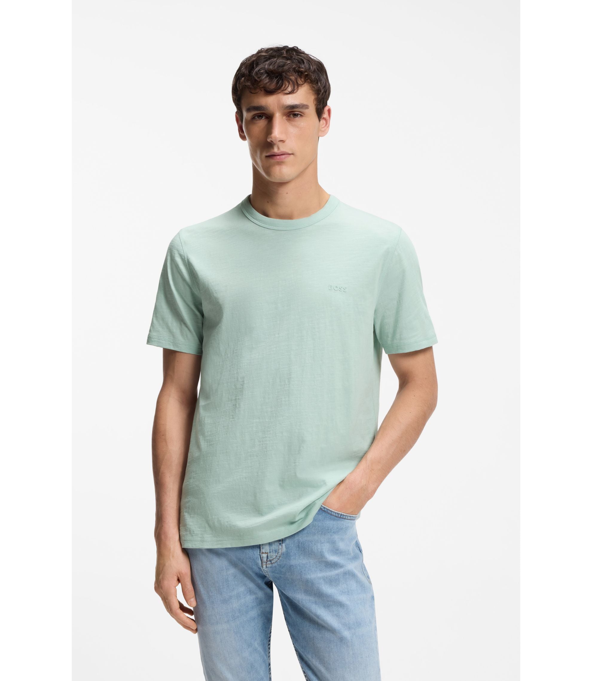 Boss Cotton Jersey T Shirt With Logo Detail Turquoise