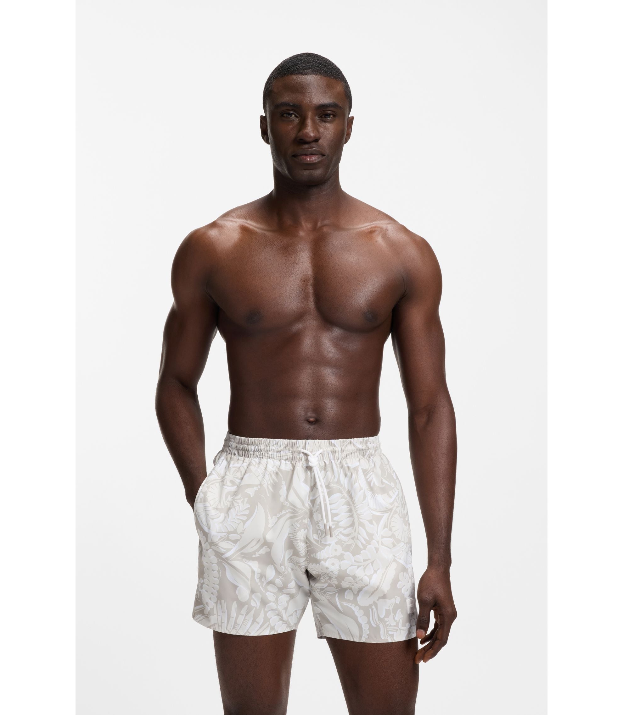 Boss Swim Trunks With Allover Print Light Beige
