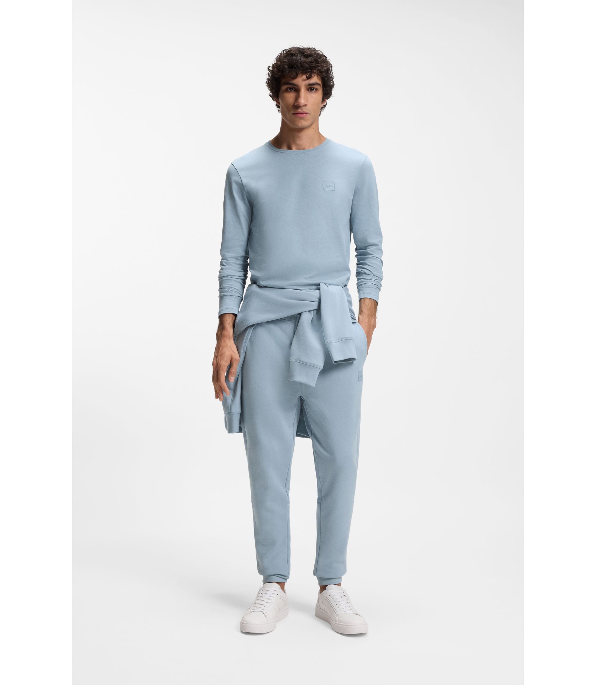 Boss Cotton Terry Sweatpants With Logo Patch Light Blue