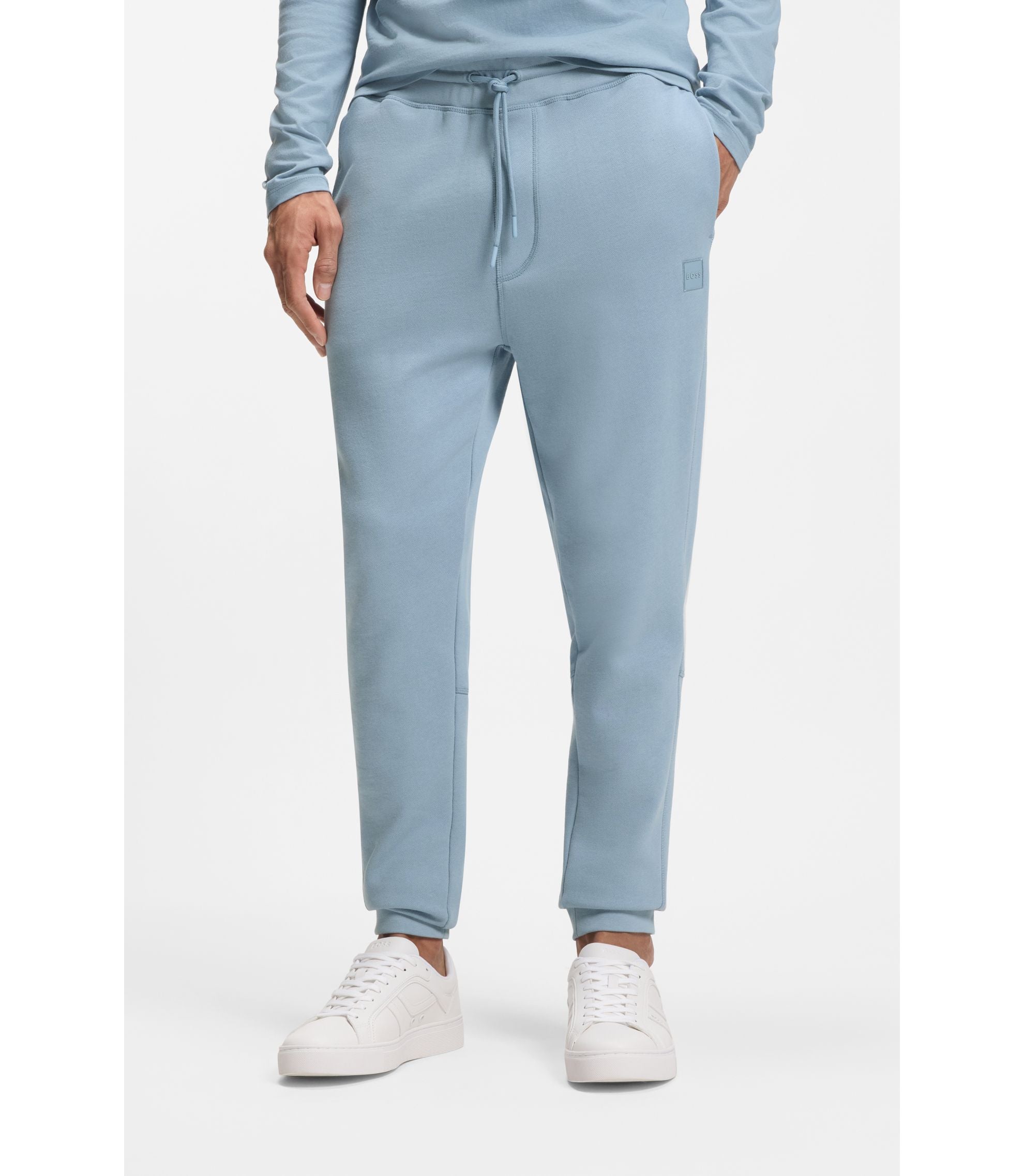 Boss Cotton Terry Sweatpants With Logo Patch Light Blue