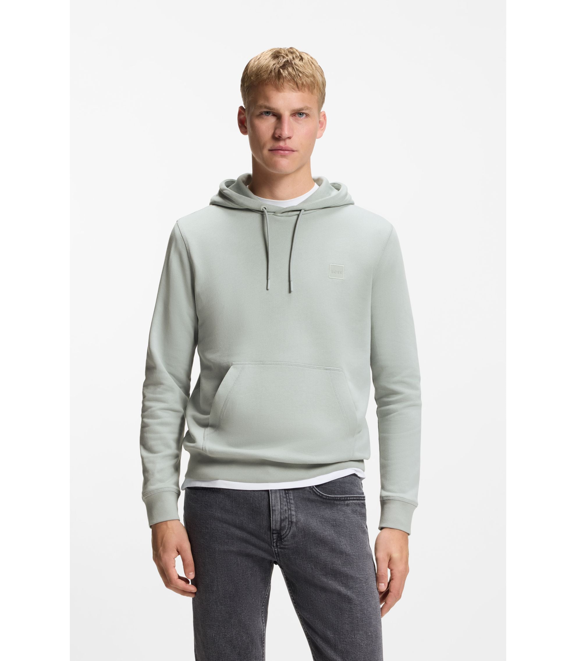 Boss Logo Patch Hoodie In Cotton Terry Silver