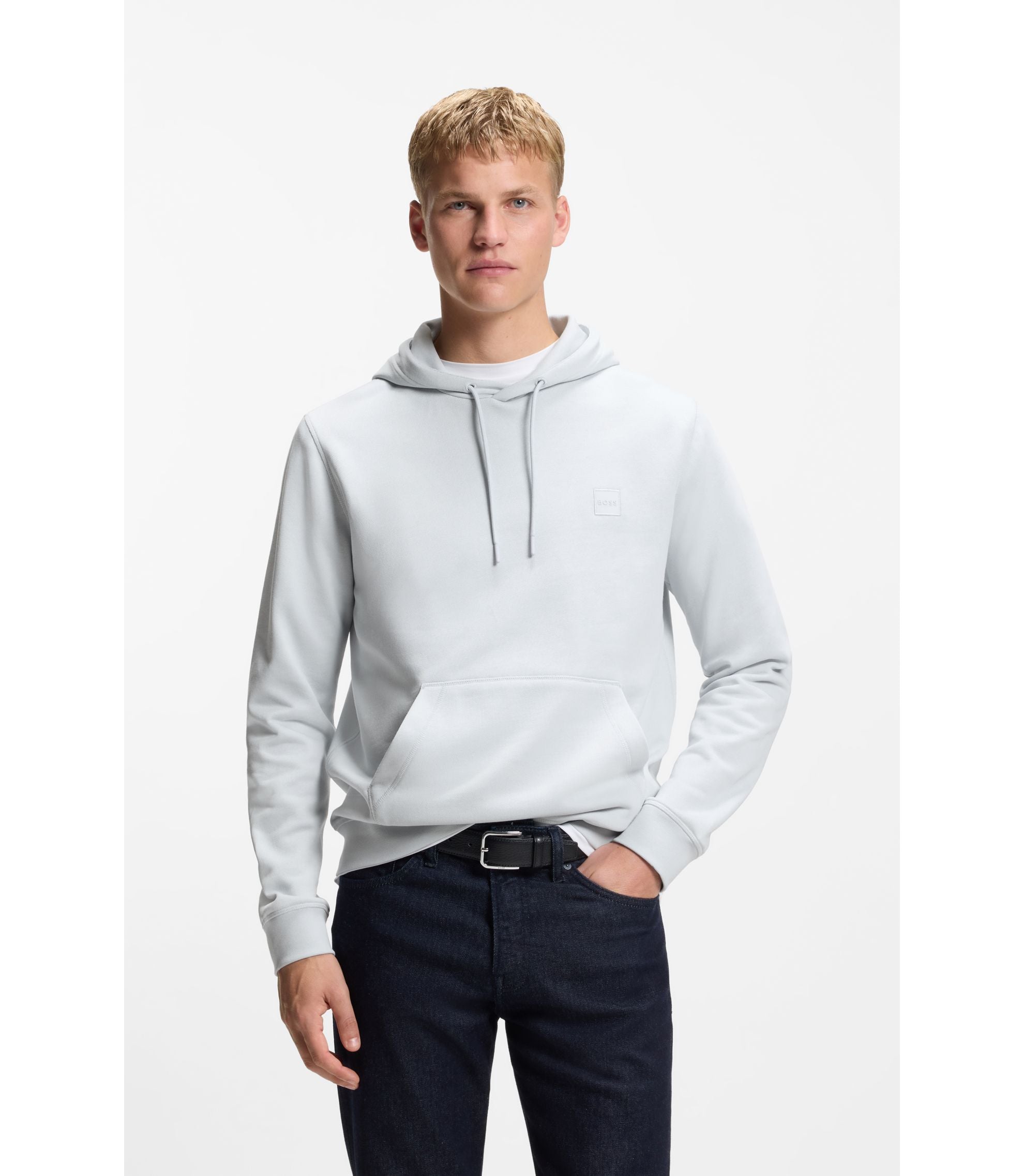 Boss Logo Patch Hoodie In Cotton Terry Light Grey