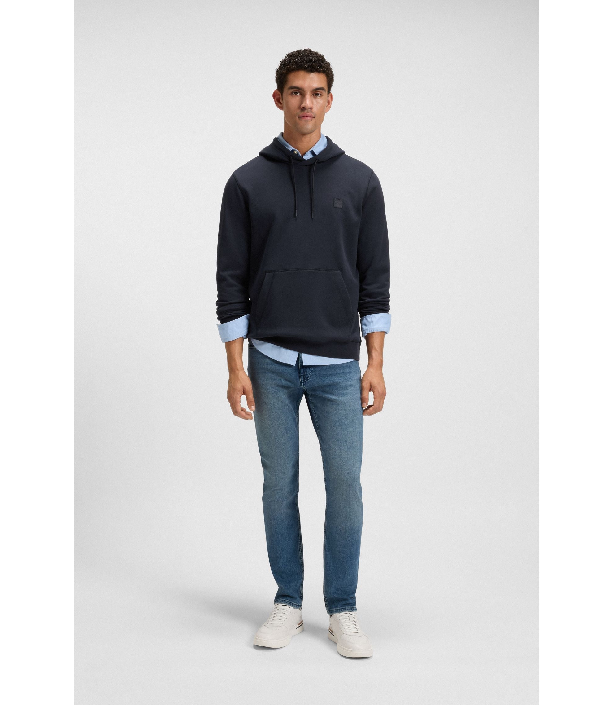 Boss Logo Patch Hoodie In Cotton Terry Dark Blue