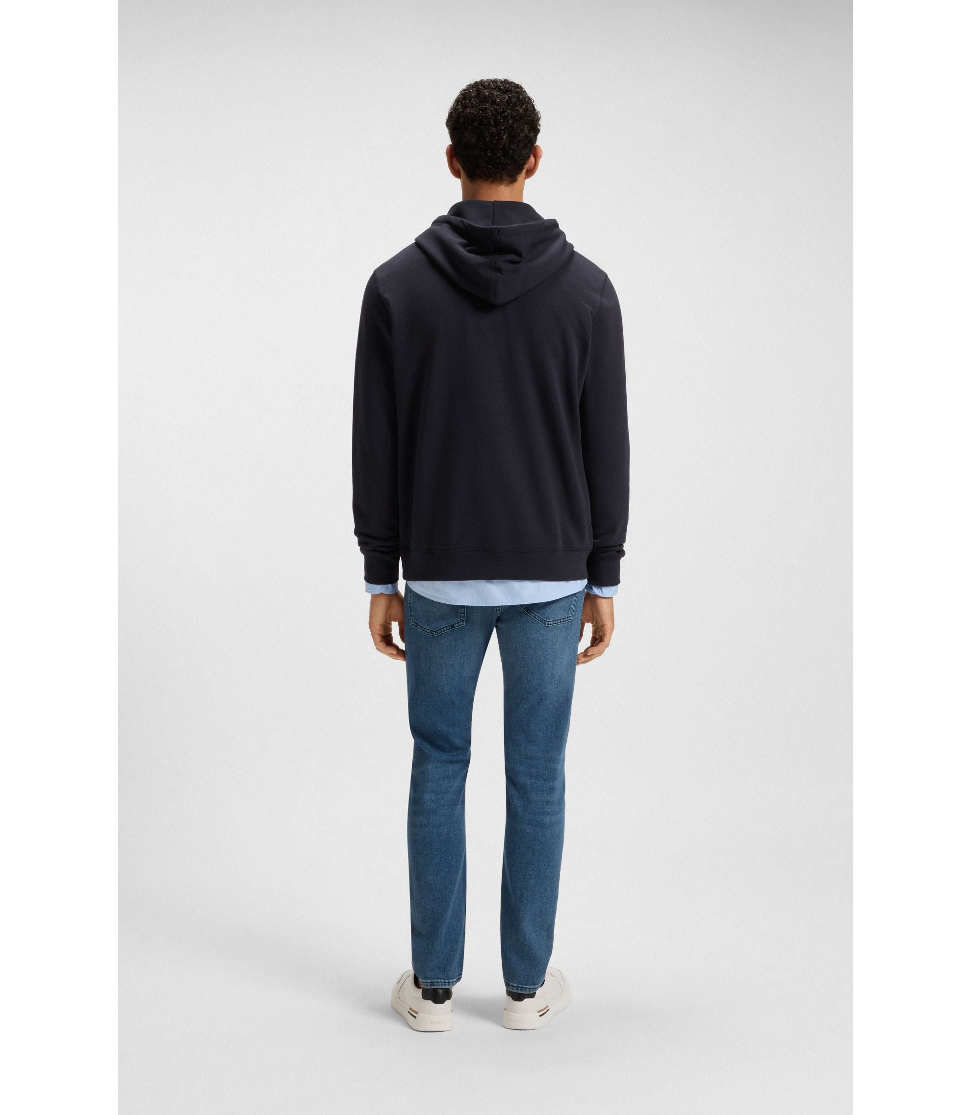 Boss Logo Patch Hoodie In Cotton Terry Dark Blue