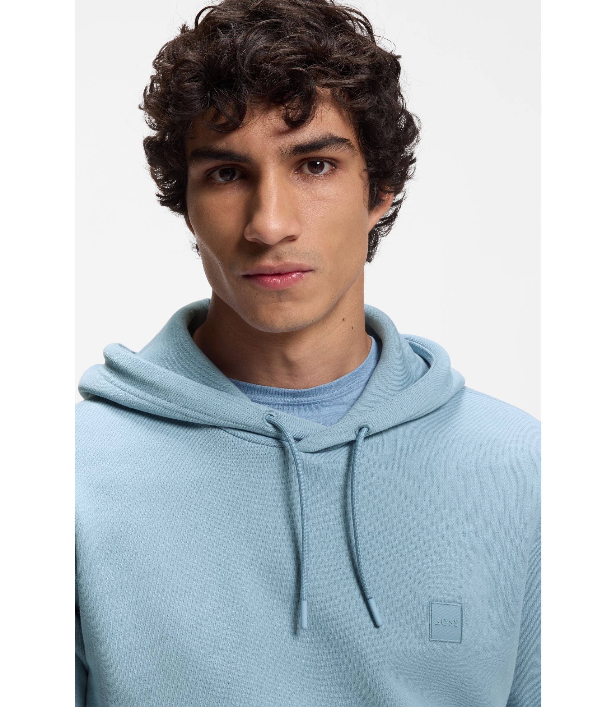 Boss Logo Patch Hoodie In Cotton Terry Light Blue