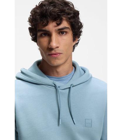 Boss Logo Patch Hoodie In Cotton Terry Light Blue