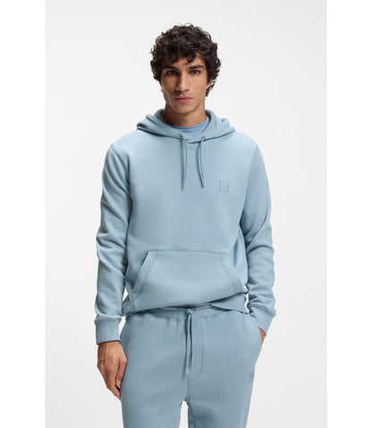 Boss Logo Patch Hoodie In Cotton Terry Light Blue