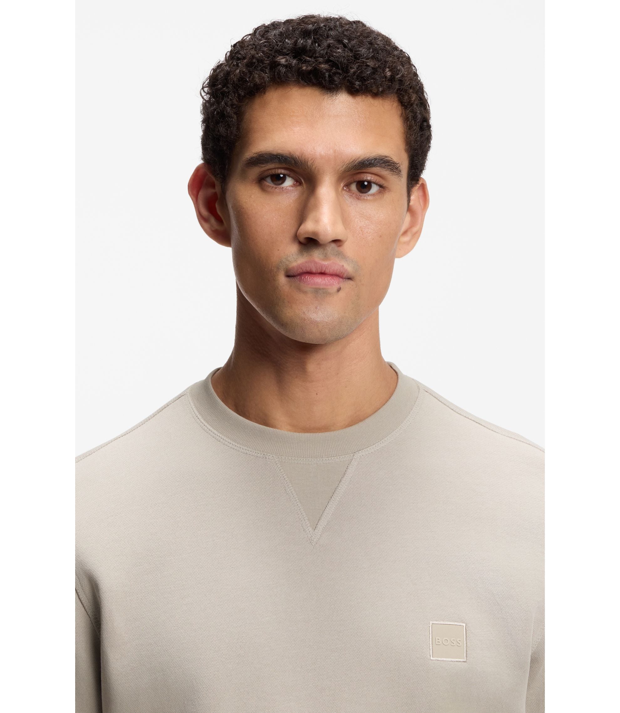 Boss Logo Patch Sweatshirt In Cotton Terry Light Grey