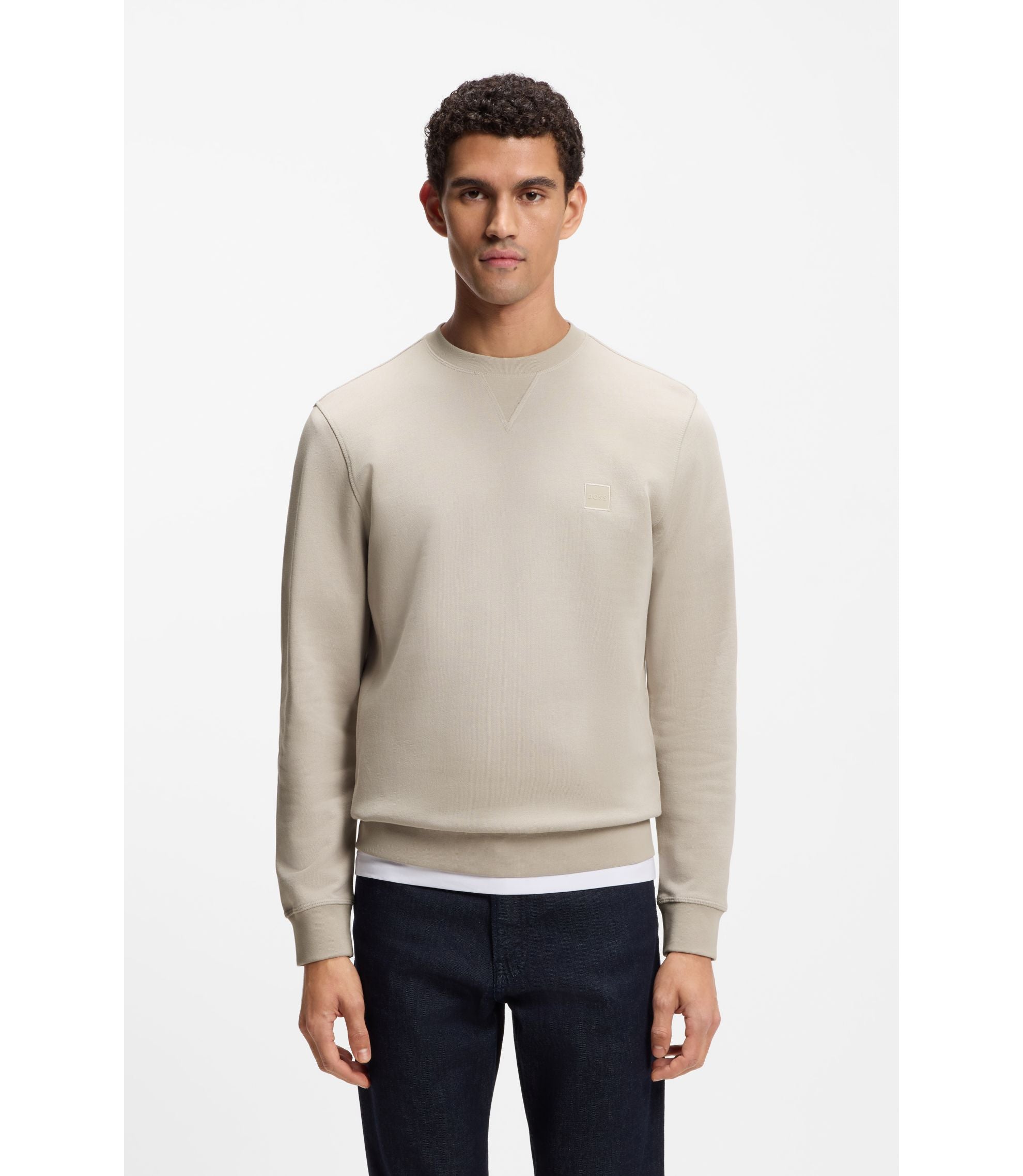 Boss Logo Patch Sweatshirt In Cotton Terry Light Grey