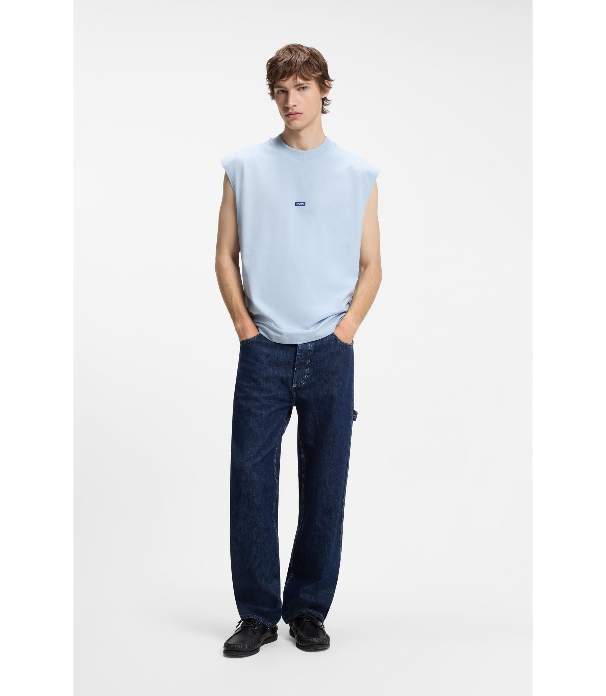 Hugo Sleeveless T Shirt In Cotton Jersey With Logo Detail Light Blue