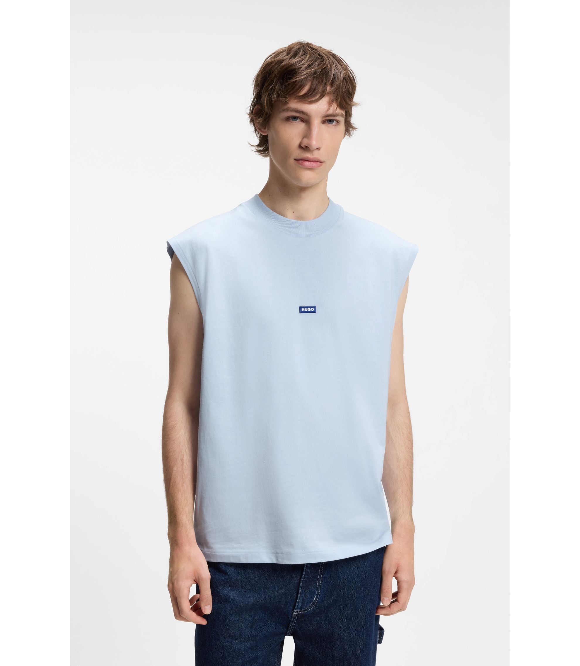 Hugo Sleeveless T Shirt In Cotton Jersey With Logo Detail Light Blue