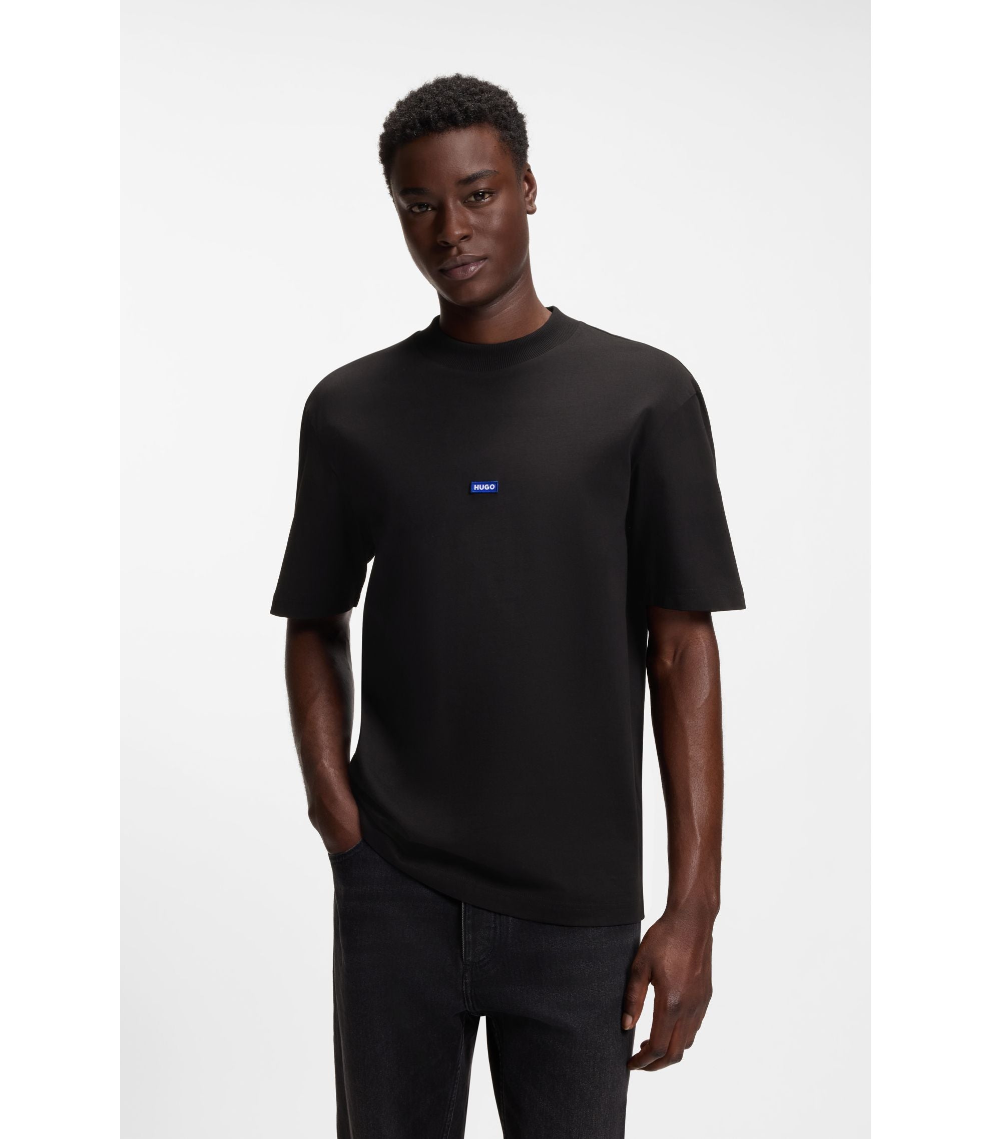 Hugo Cotton Jersey T Shirt With Blue Logo Patch Black