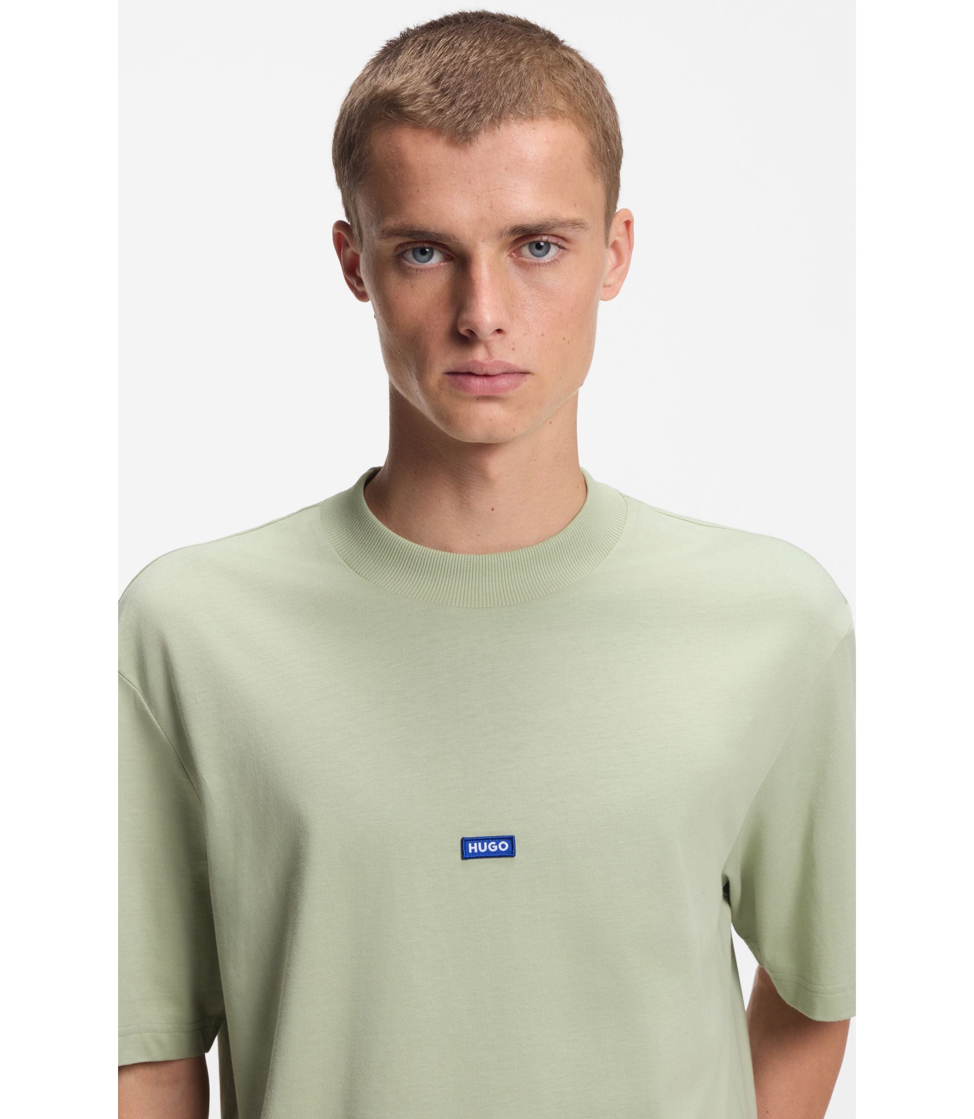 Hugo Cotton Jersey T Shirt With Blue Logo Patch Light Green