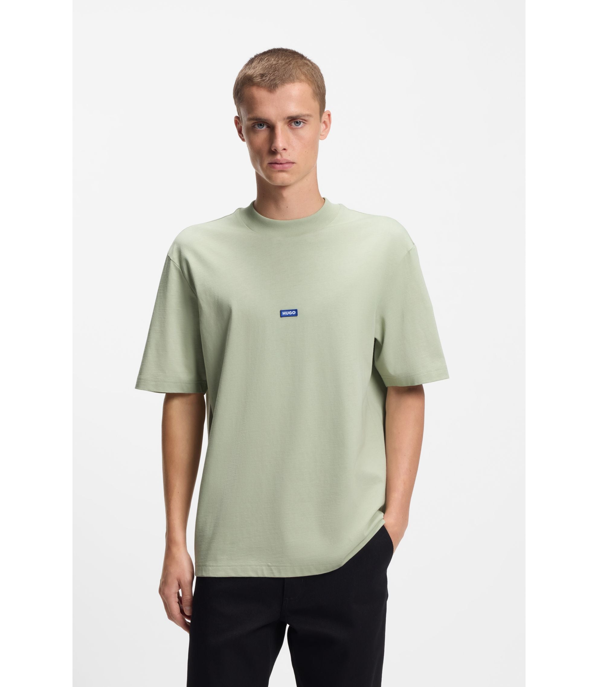 Hugo Cotton Jersey T Shirt With Blue Logo Patch Light Green