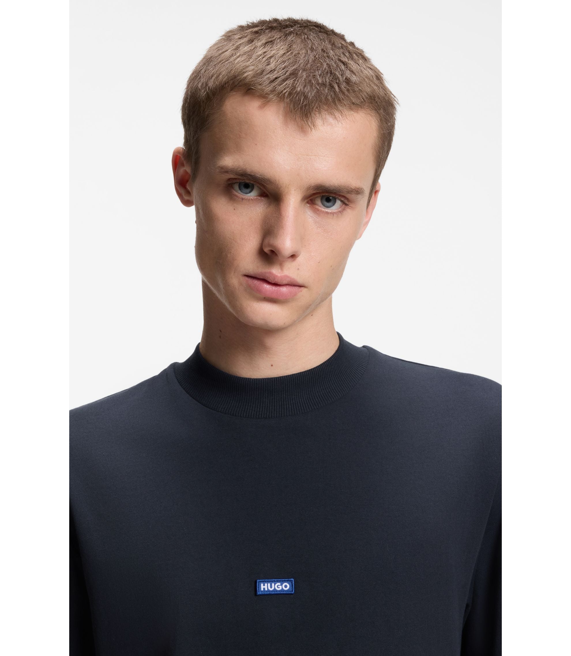 Hugo Cotton Jersey T Shirt With Blue Logo Patch Dark Blue
