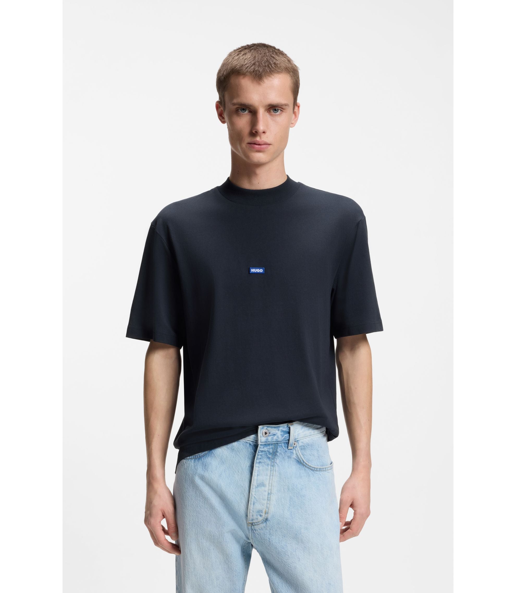 Hugo Cotton Jersey T Shirt With Blue Logo Patch Dark Blue