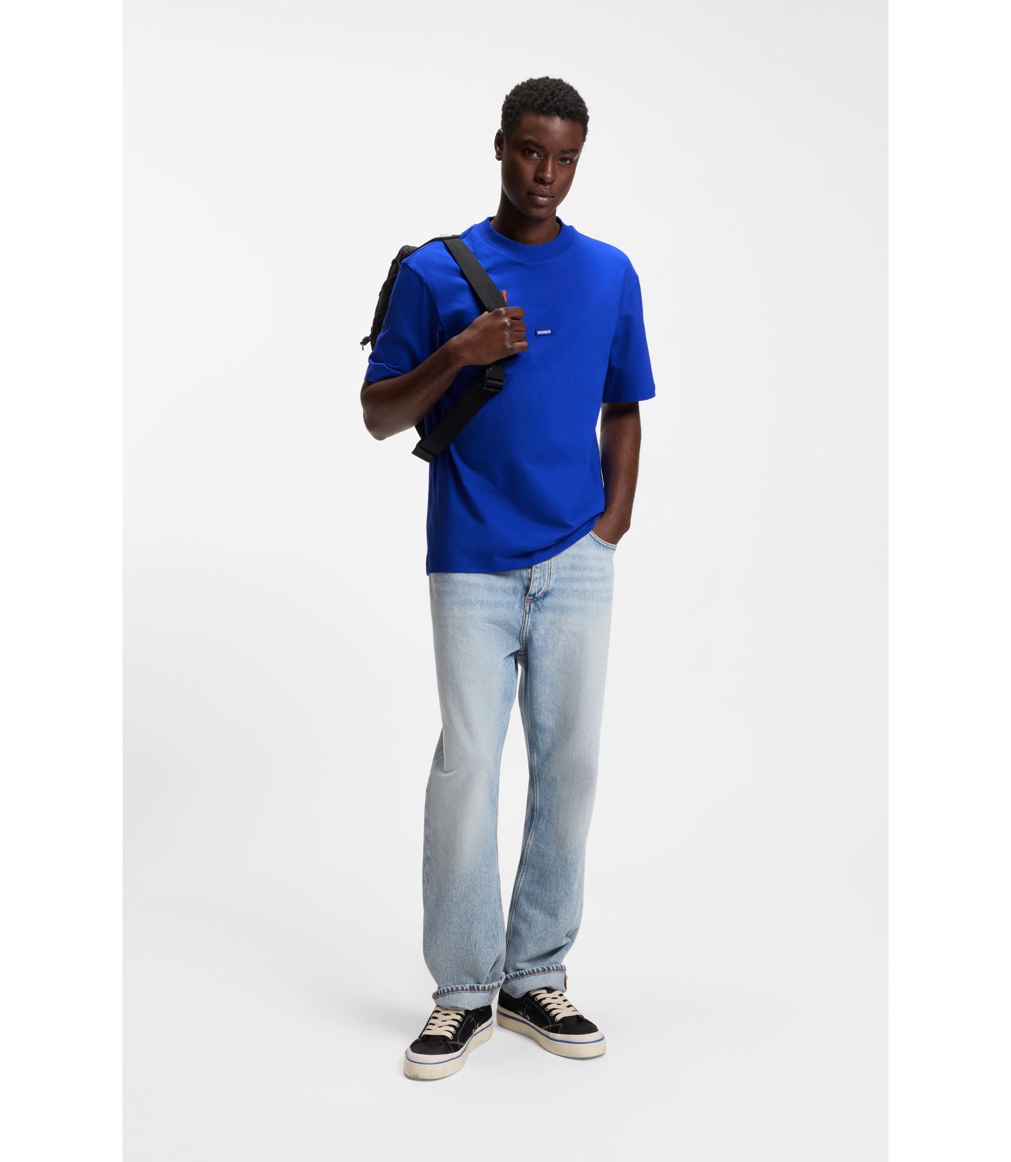 Hugo Cotton Jersey T Shirt With Blue Logo Patch Light Blue