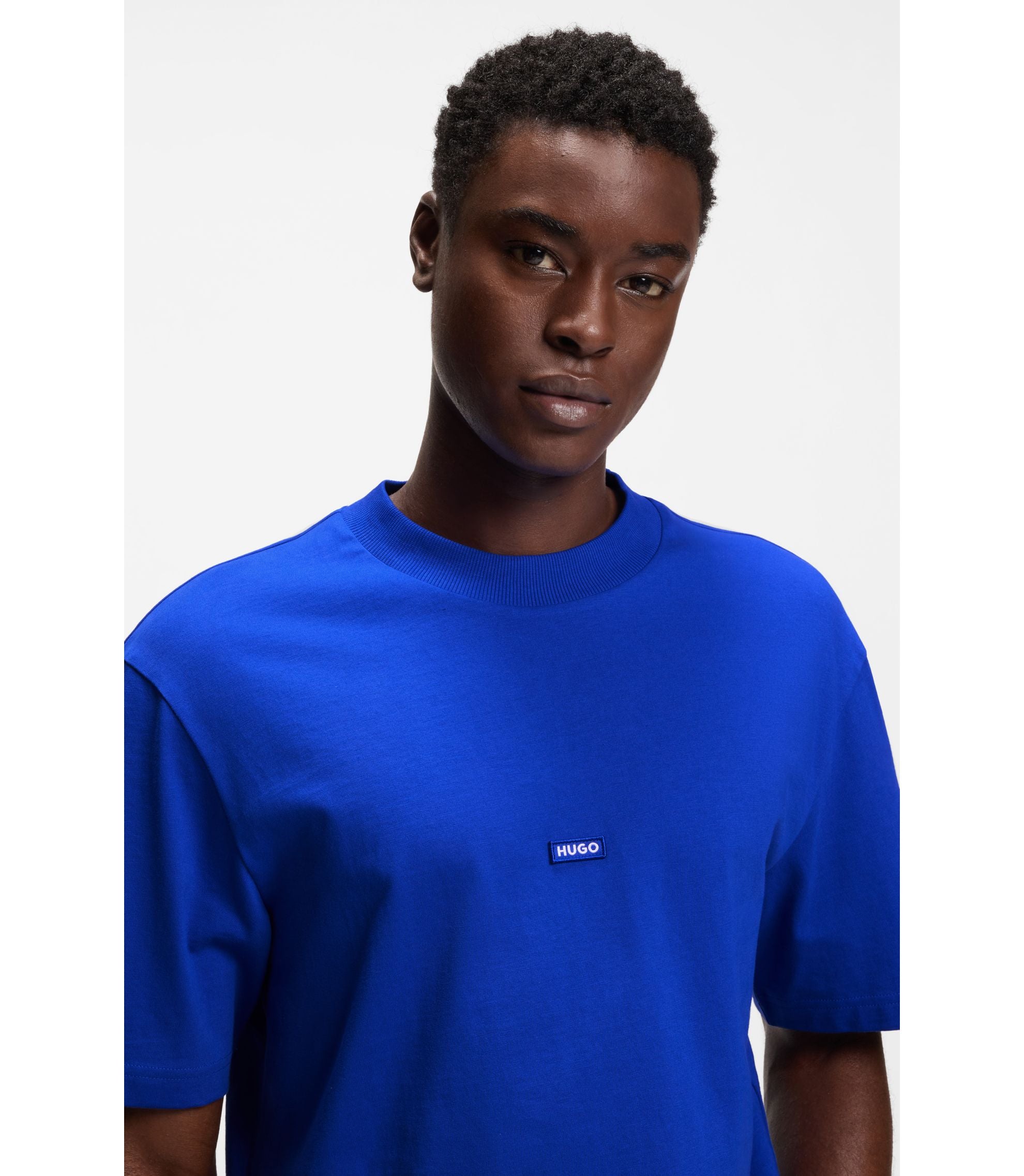Hugo Cotton Jersey T Shirt With Blue Logo Patch Light Blue