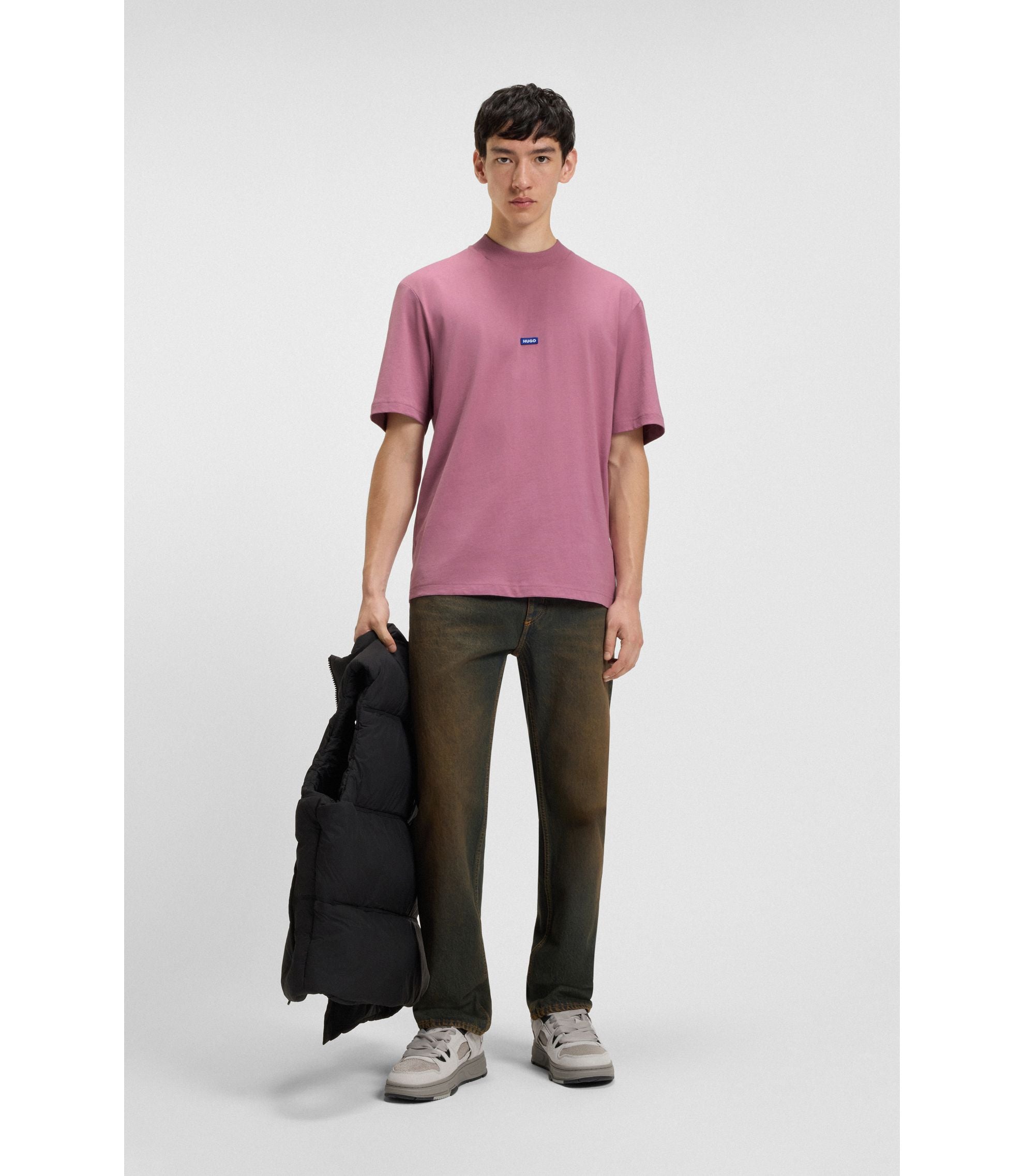 Hugo Cotton Jersey T Shirt With Blue Logo Patch Dark Pink