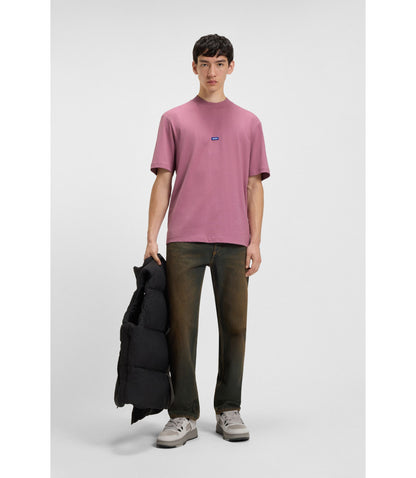 Hugo Cotton Jersey T Shirt With Blue Logo Patch Dark Pink