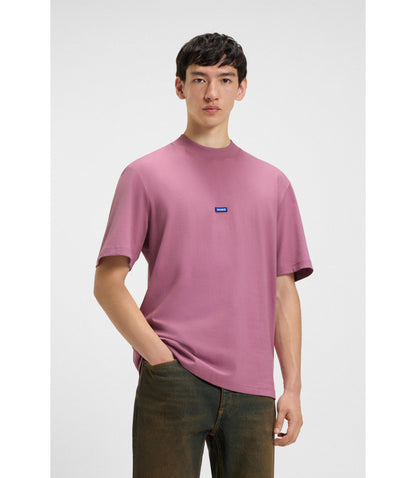 Hugo Cotton Jersey T Shirt With Blue Logo Patch Dark Pink