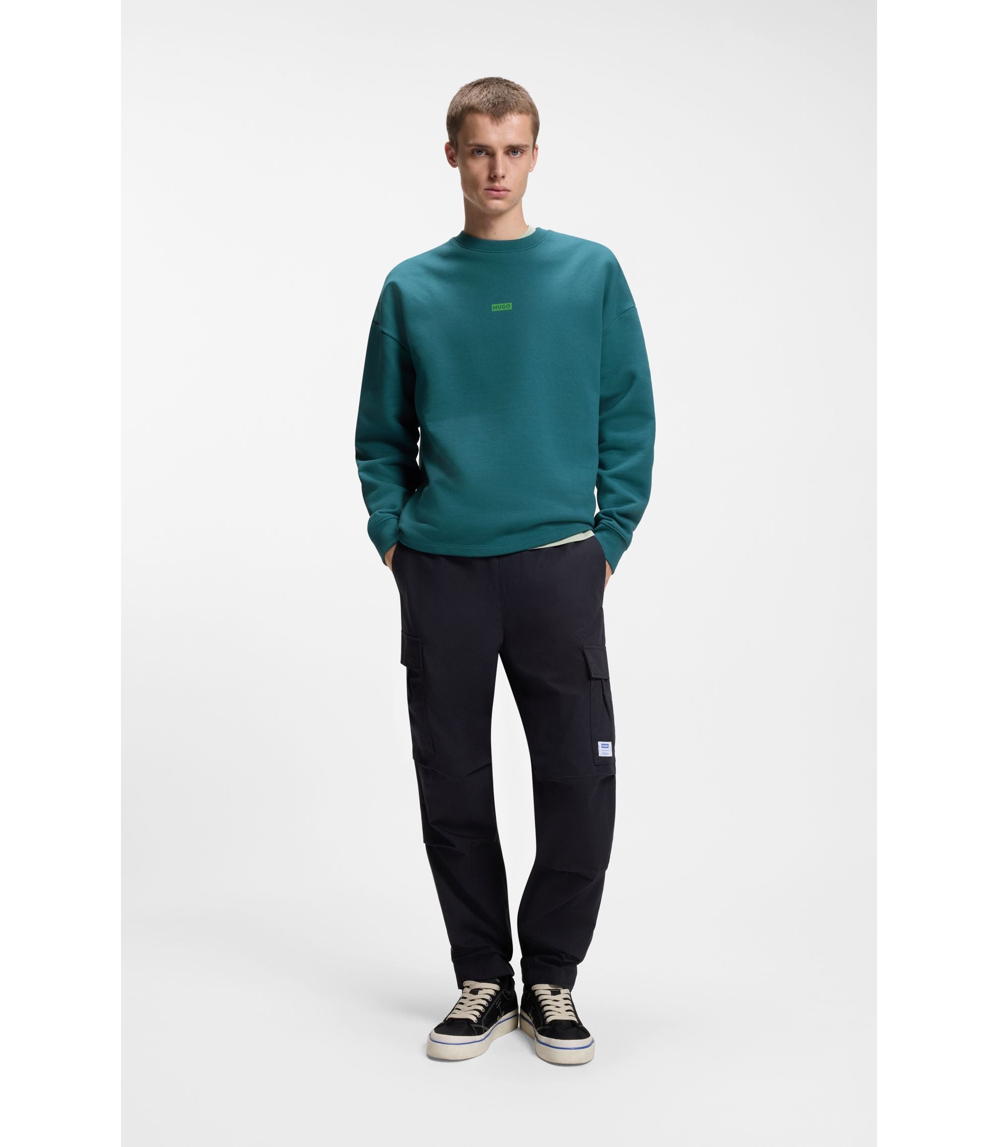 Hugo Logo Print Sweatshirt In Cotton Terry Turquoise