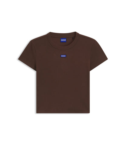 Hugo Logo Badge Slim Fit T Shirt In Stretch Cotton Brown Women's