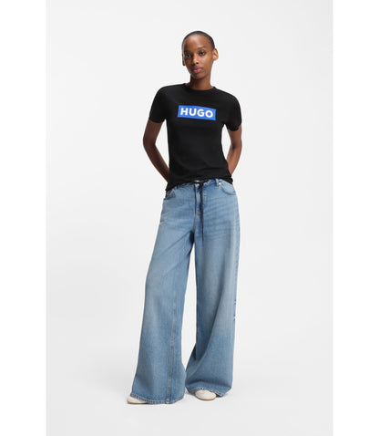 Hugo Slim Fit T Shirt In Cotton With Blue Boxed Logo Black Women's