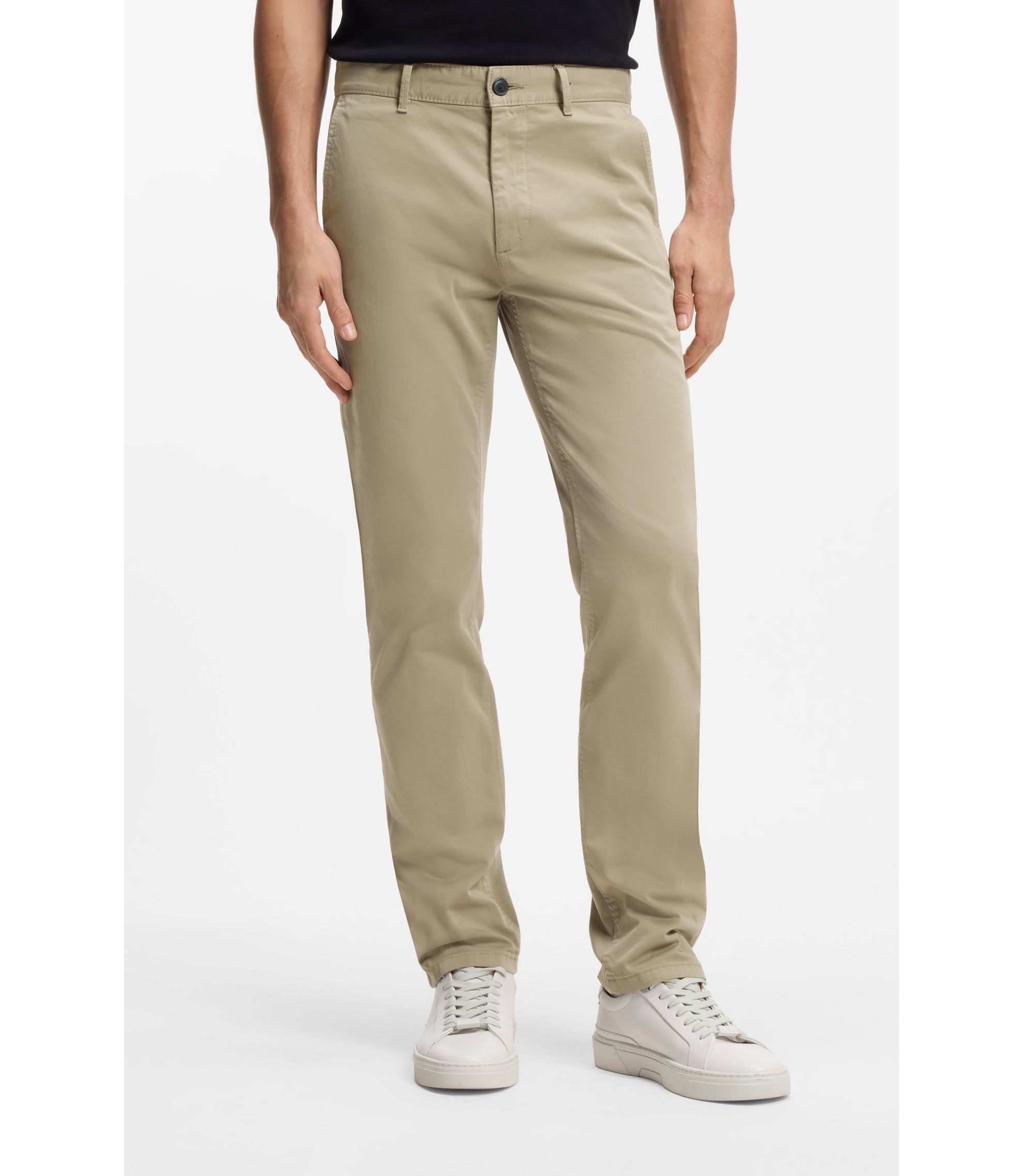 Boss Slim Fit Chinos In Stretch Cotton Satin Light Brown