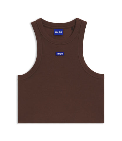 Hugo Cropped Stretch Cotton Tank Top With Blue Logo Label Brown Women's