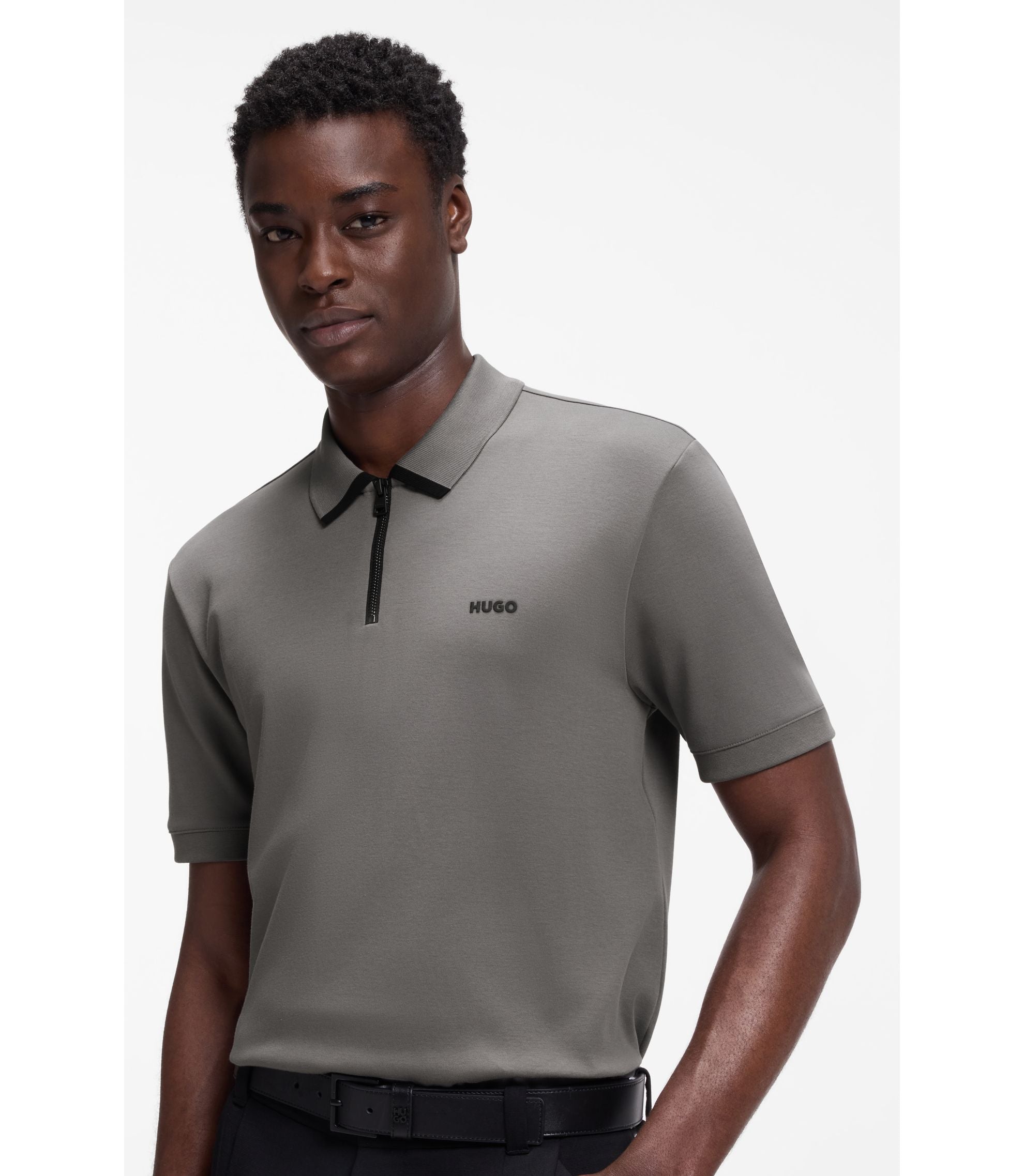 Hugo Contrast Logo Polo Shirt In Cotton Piqu Dark Grey