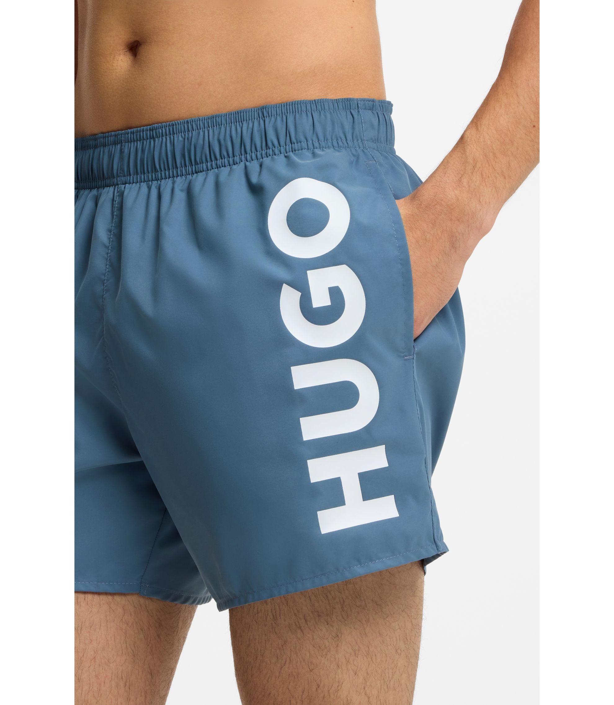 Hugo Swim Shorts With Vertical Logo Print Light Blue