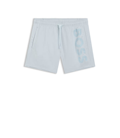 Boss Quick Dry Swim Shorts With Vertical Logo Print Light Blue
