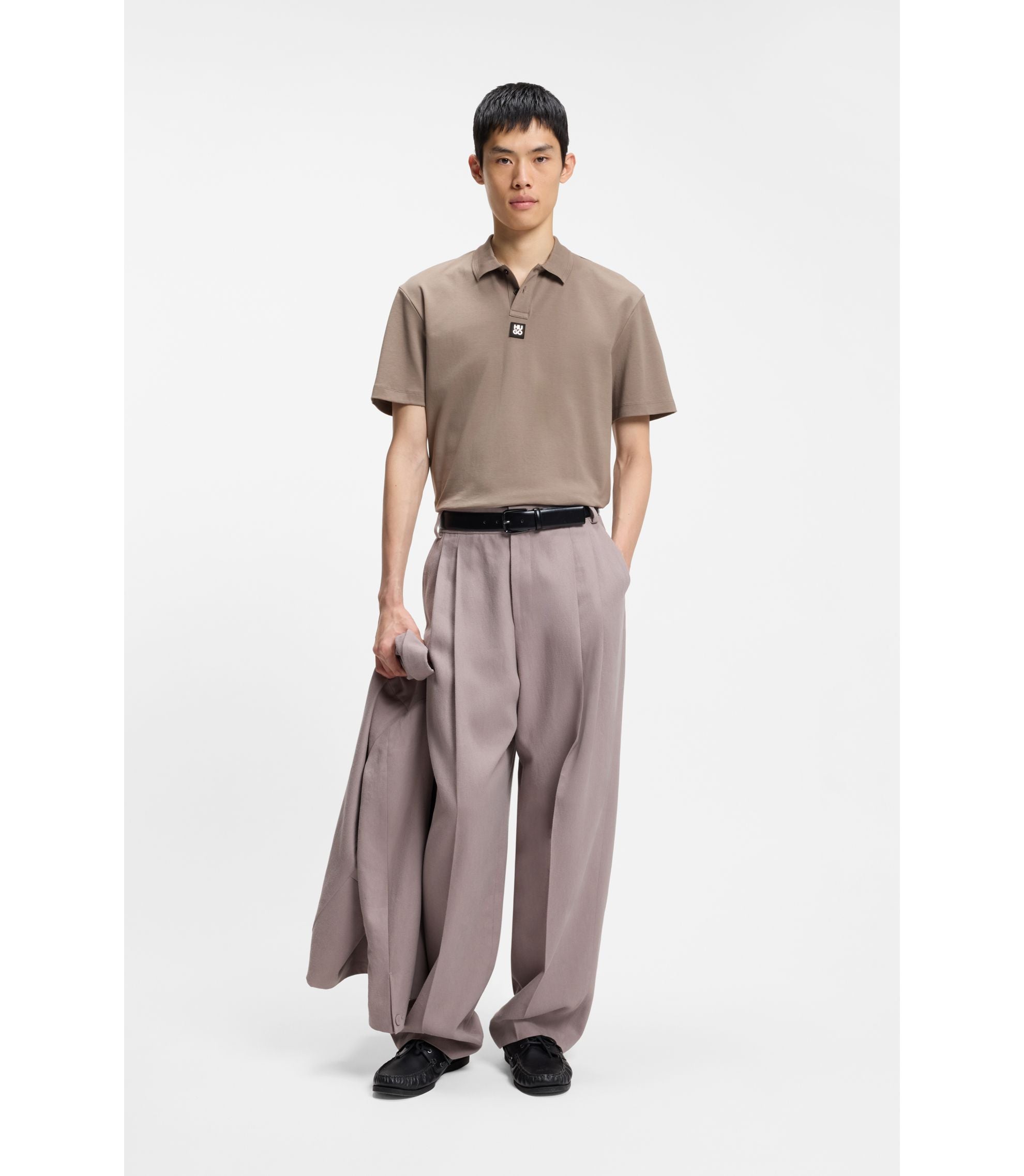 Hugo Stacked Logo Polo Shirt In Interlock Cotton Light Brown