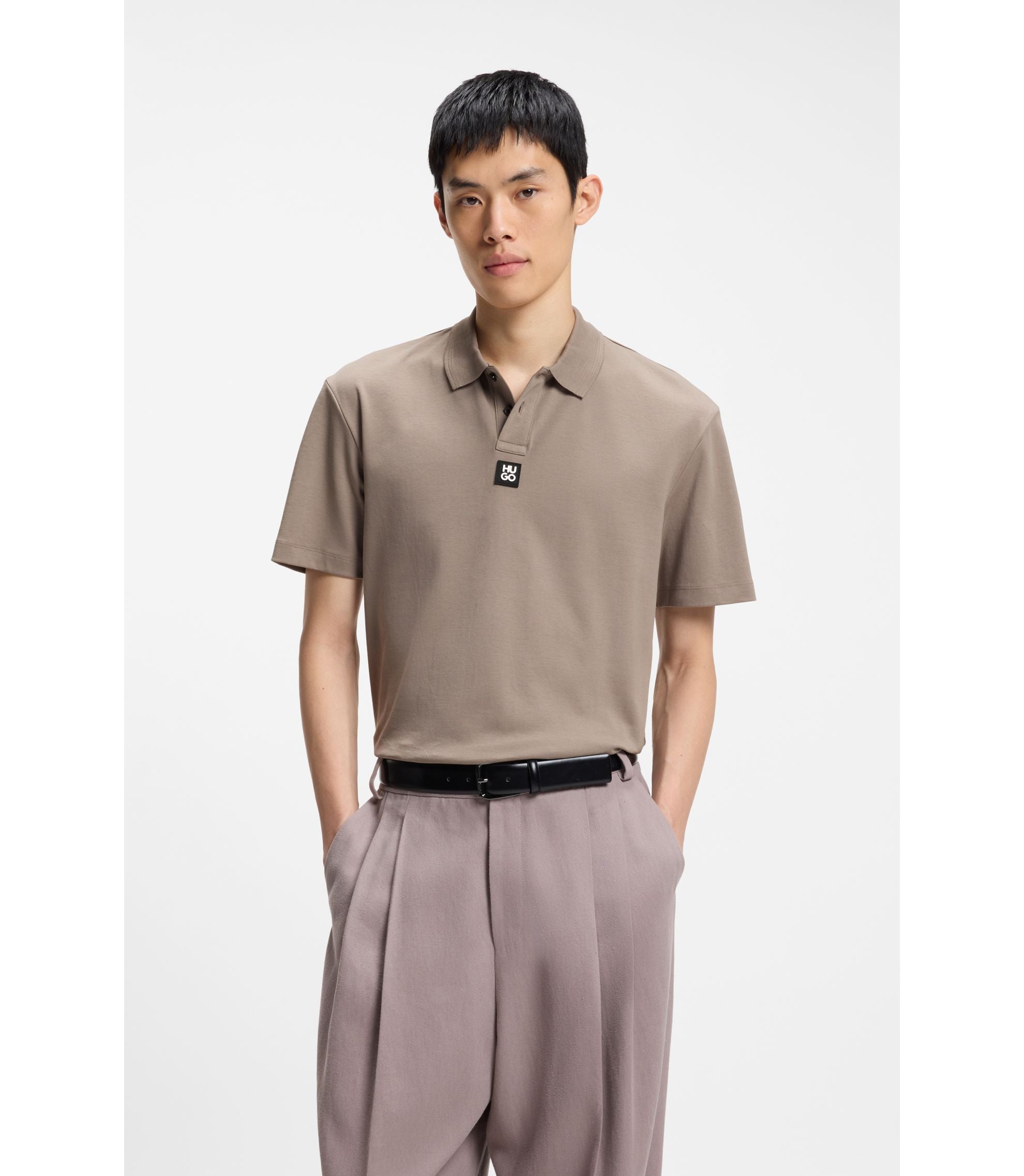 Hugo Stacked Logo Polo Shirt In Interlock Cotton Light Brown