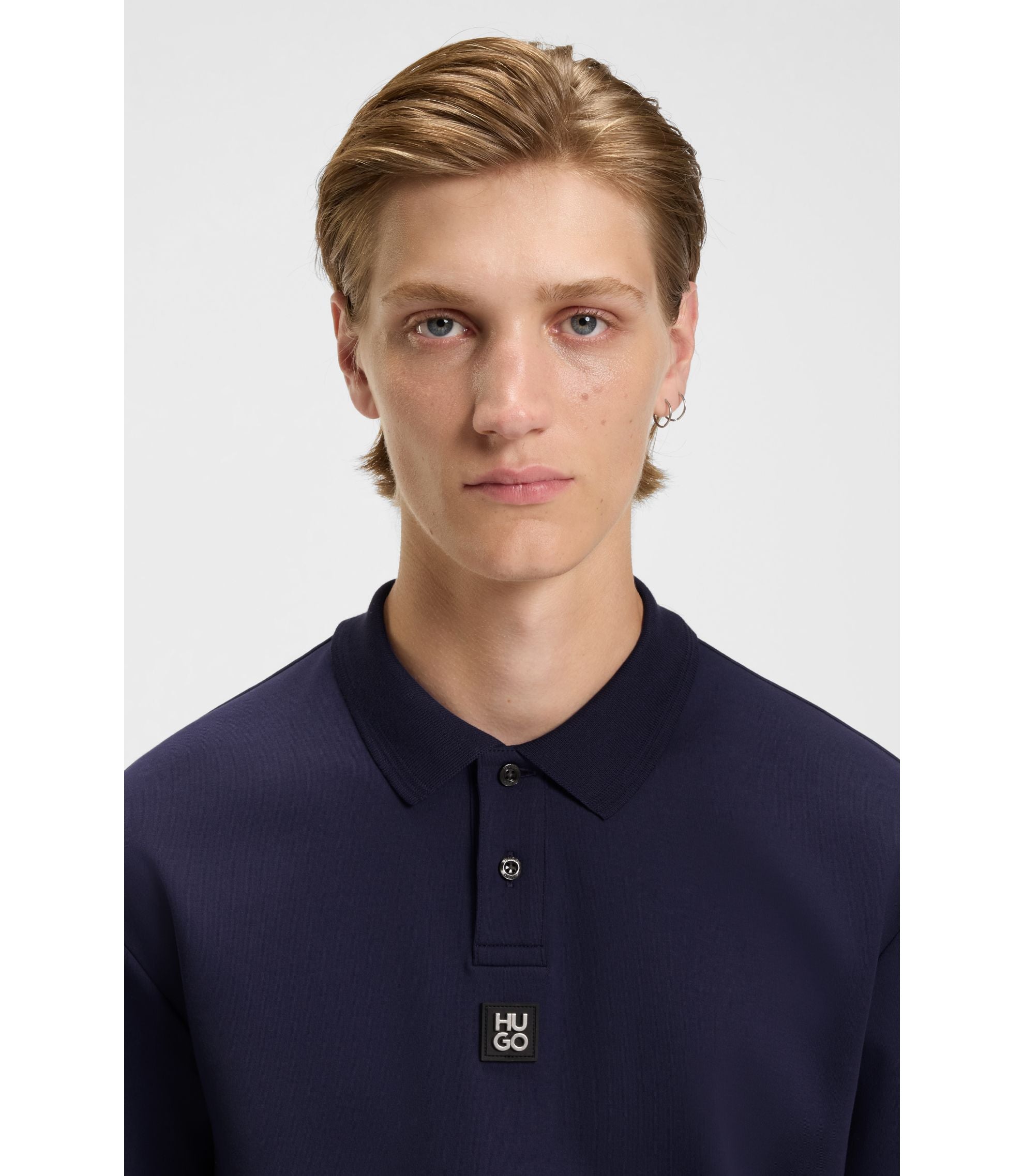 Hugo Stacked Logo Polo Shirt In Interlock Cotton Dark Blue