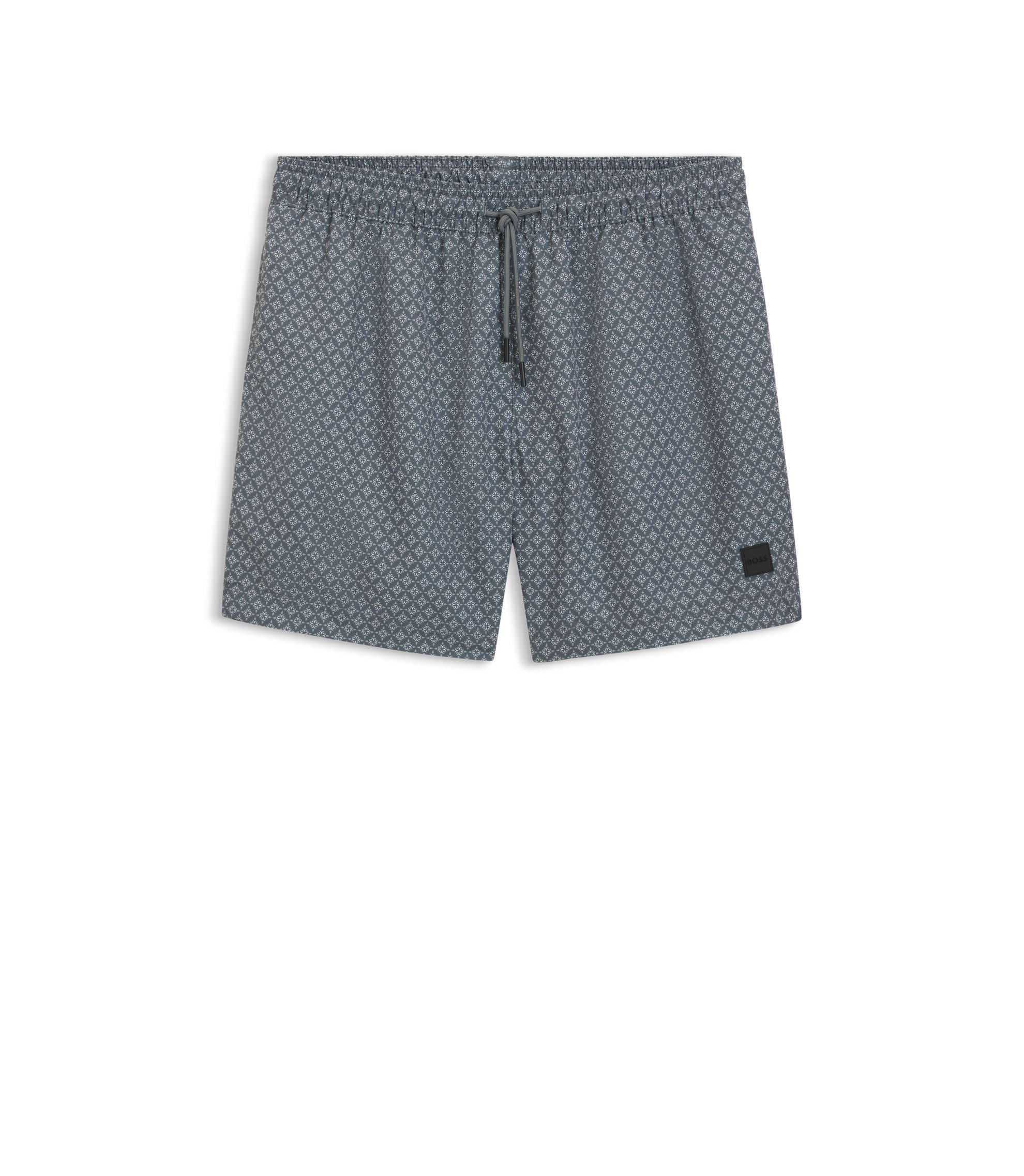 Boss Micro Print Swim Trunks With Logo Patch Dark Grey