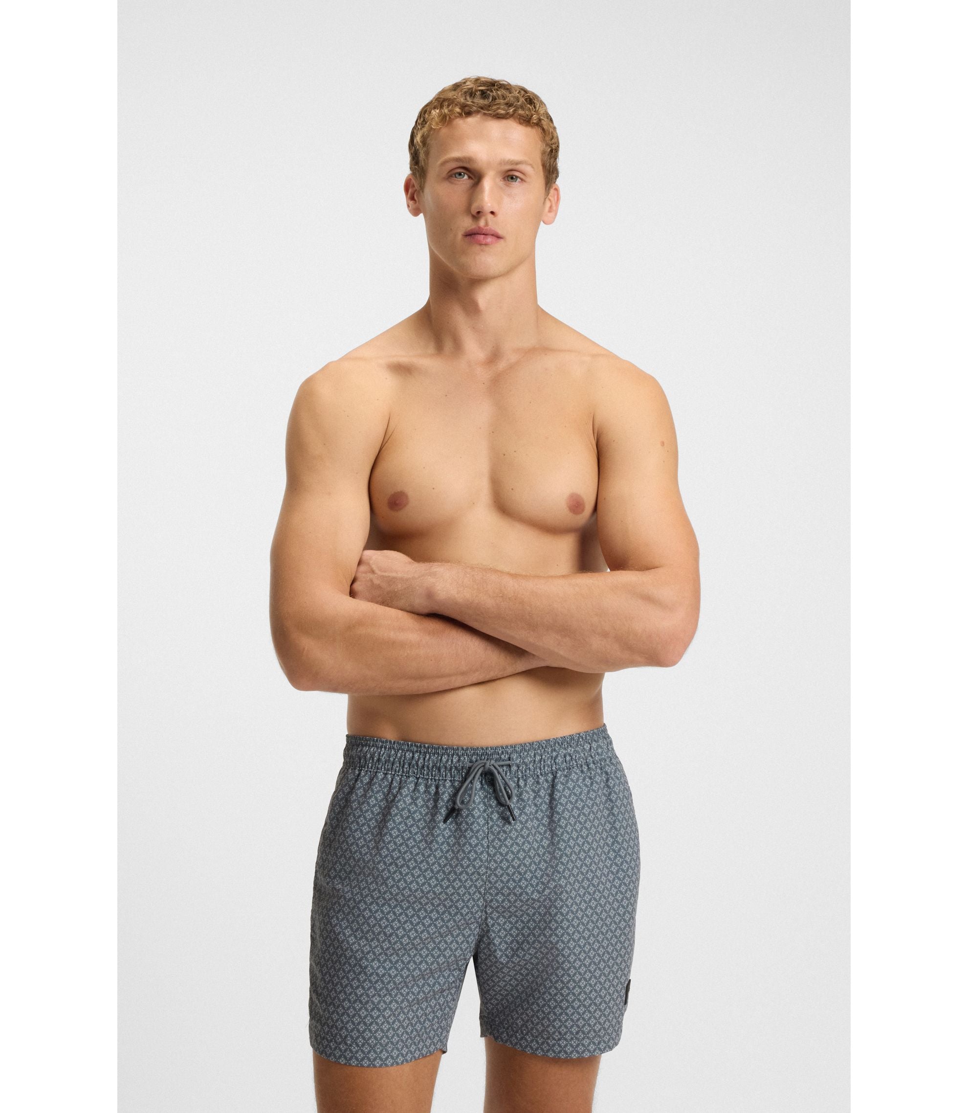 Boss Micro Print Swim Trunks With Logo Patch Dark Grey