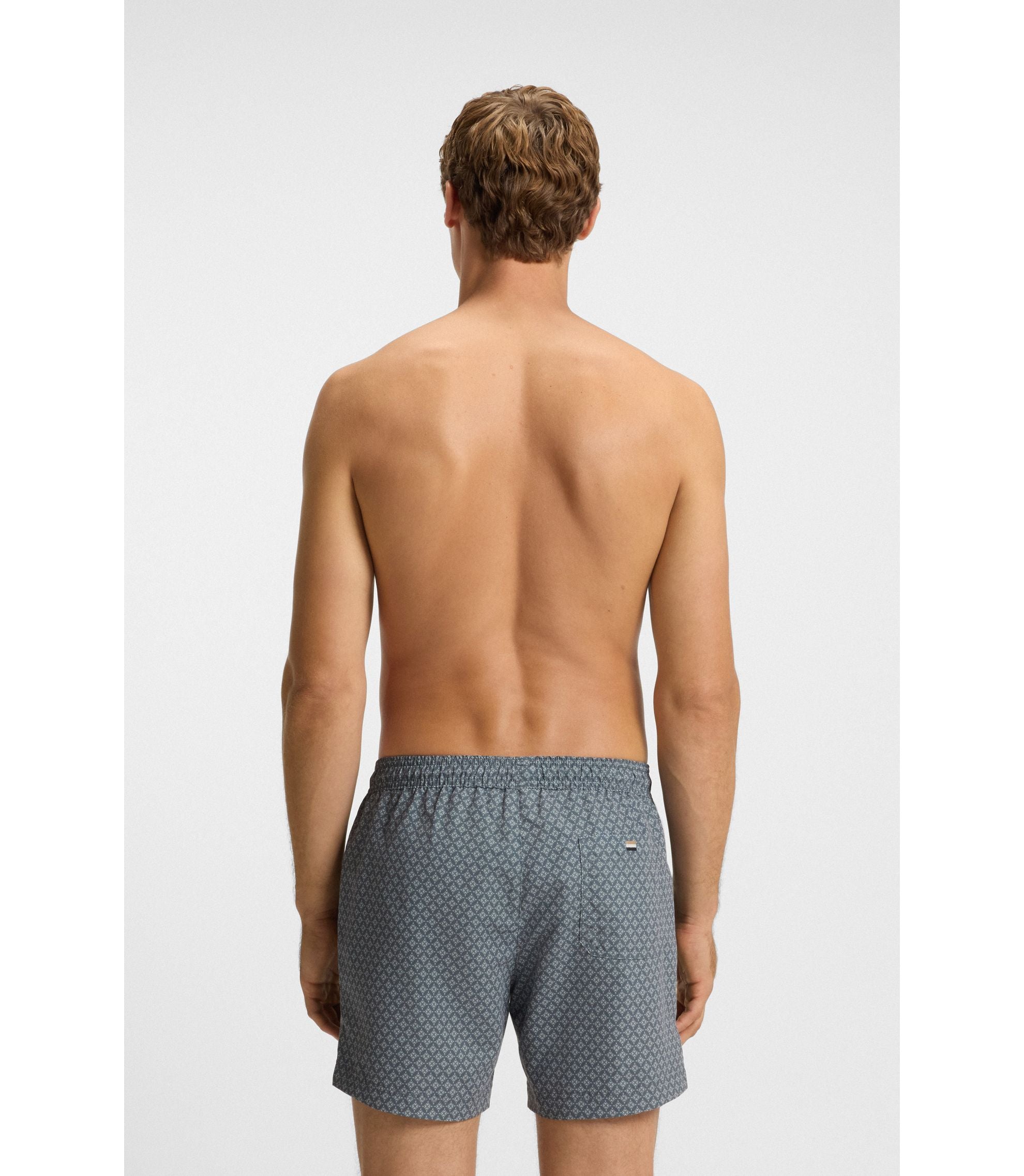 Boss Micro Print Swim Trunks With Logo Patch Dark Grey