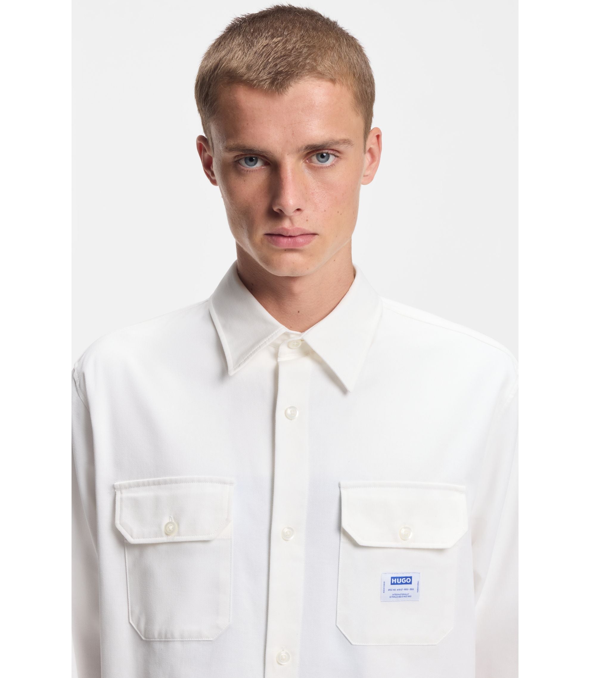 Hugo Logo Label Shirt In Cotton Twill White