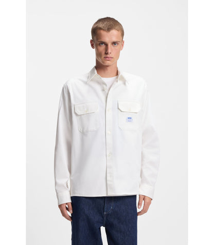 Hugo Logo Label Shirt In Cotton Twill White