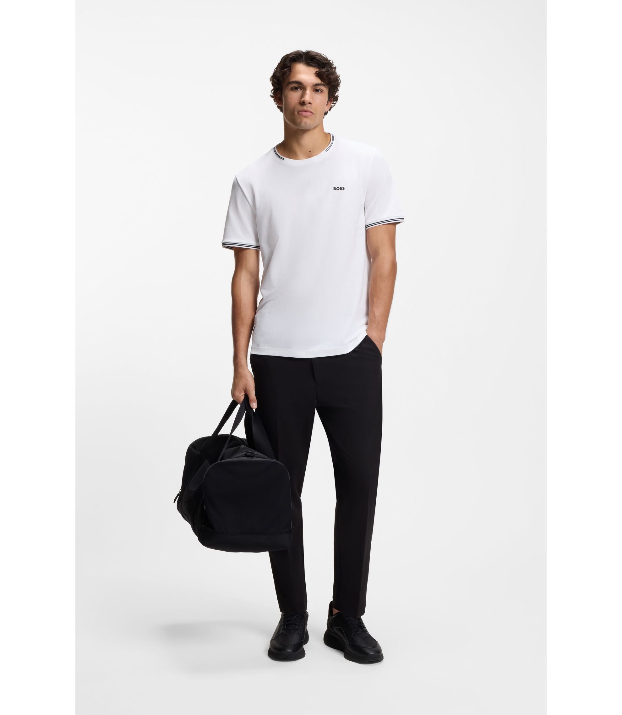 Boss Stretch Cotton T Shirt With Stripes And Logo White