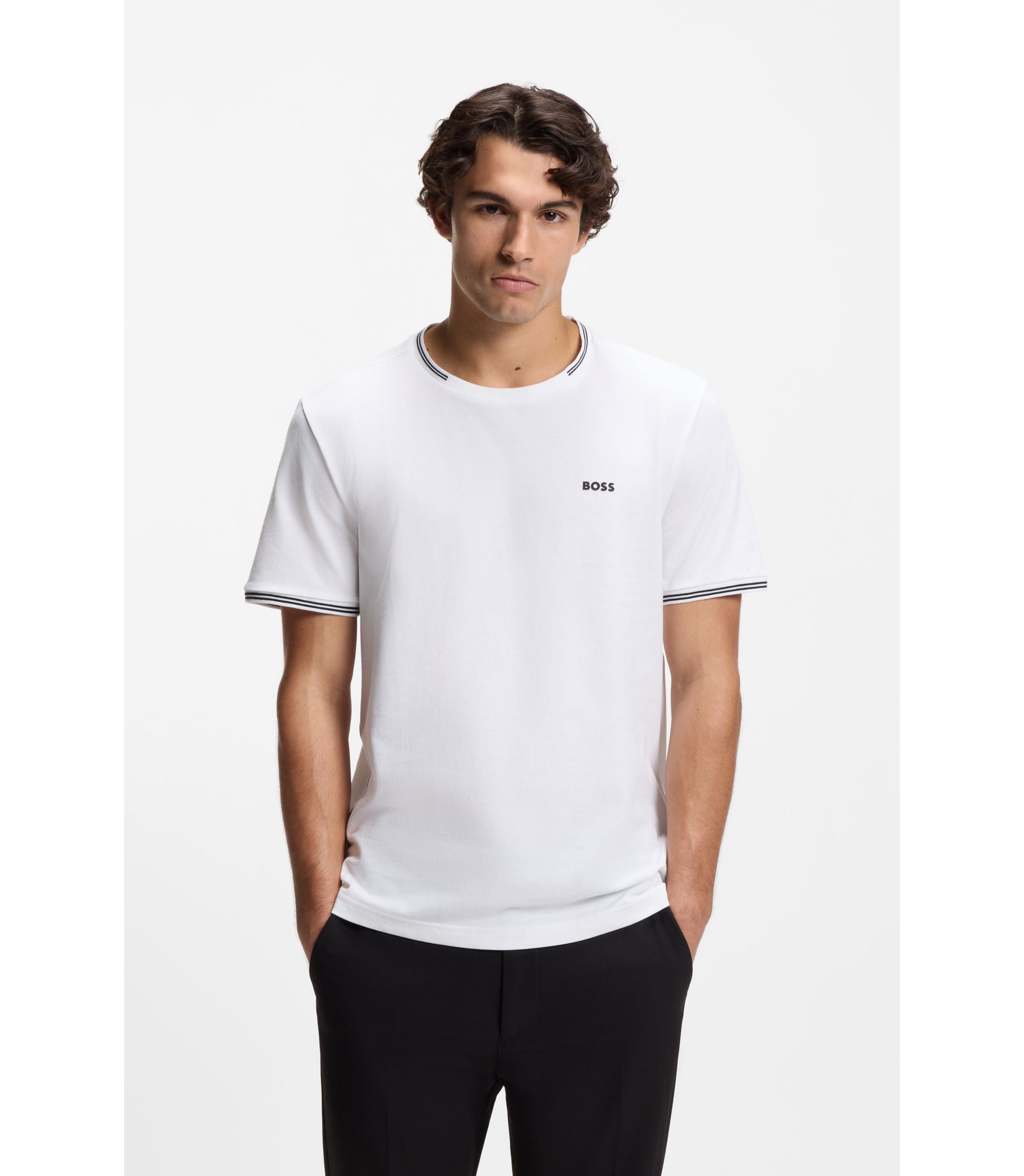Boss Stretch Cotton T Shirt With Stripes And Logo White