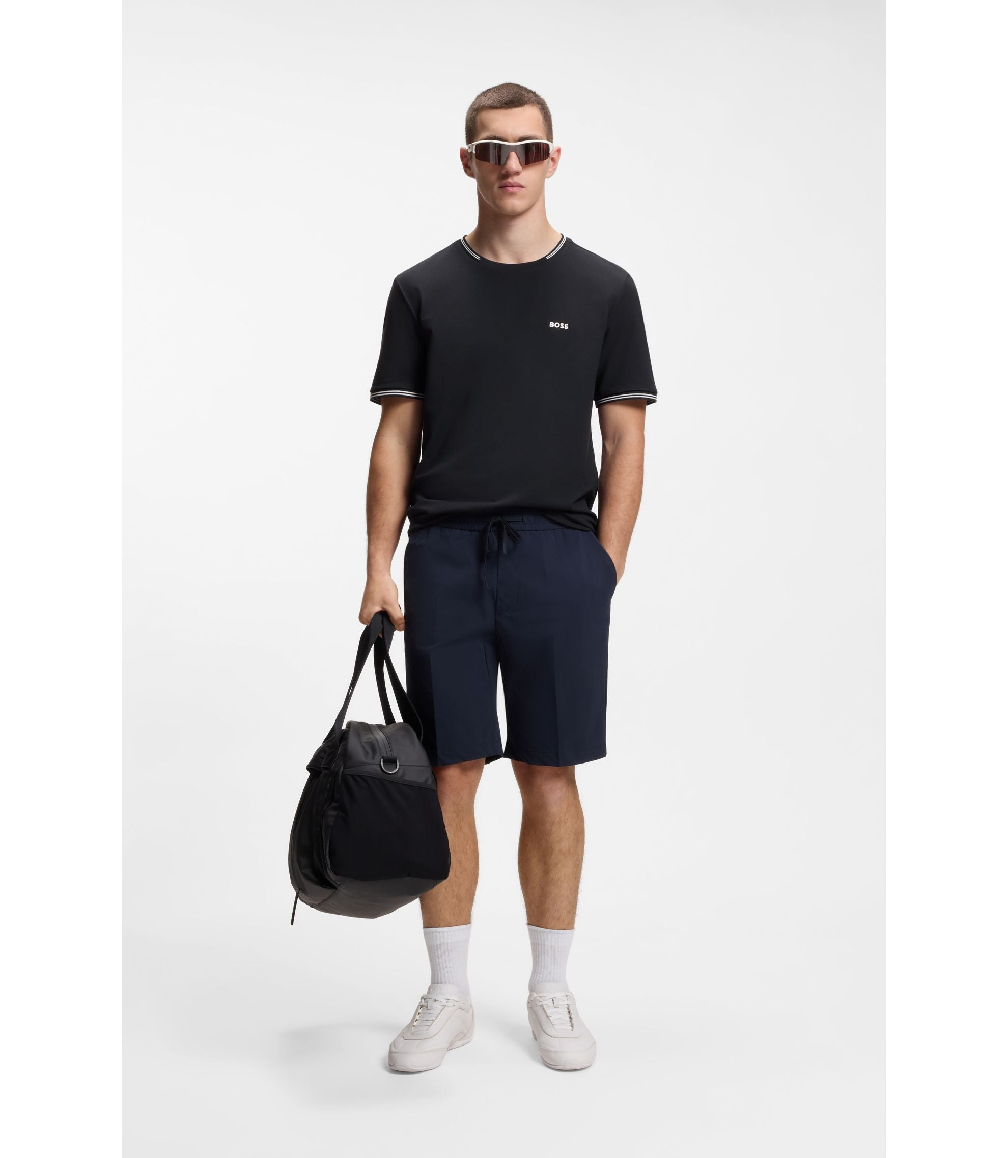 Boss Stretch Cotton T Shirt With Stripes And Logo Dark Blue