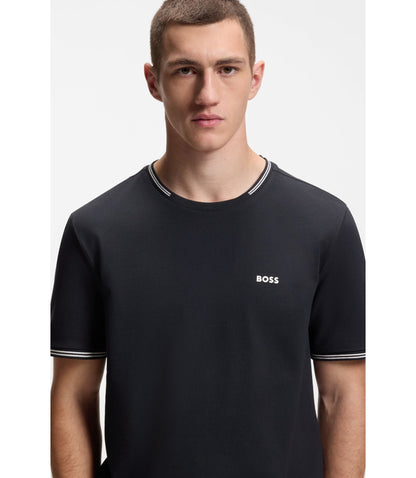Boss Stretch Cotton T Shirt With Stripes And Logo Dark Blue