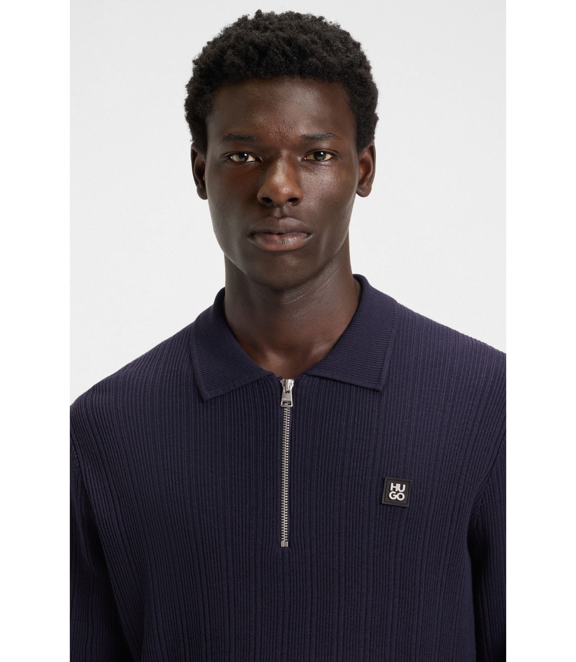 Hugo Stacked Logo Sweater With Zip Collar Dark Blue